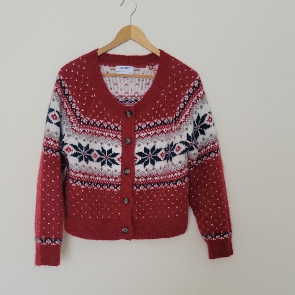 Old Navy Holiday Red and Cream Cardigan Sweater Nordic Style FairIsle - Size M